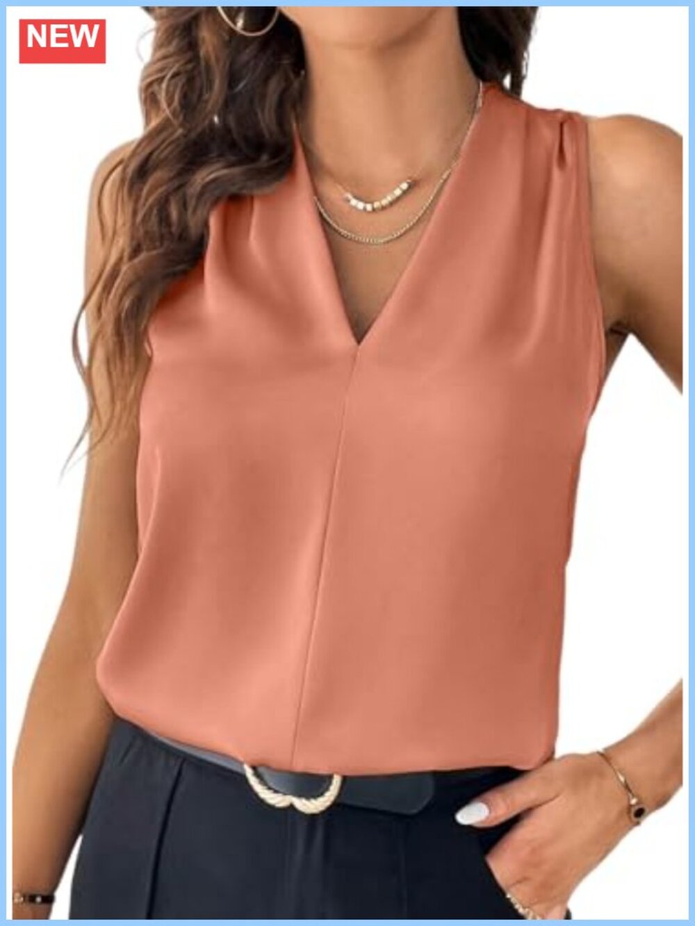 Pleated V Neck Sleeveless Business Casual Tank Top Loose Fit